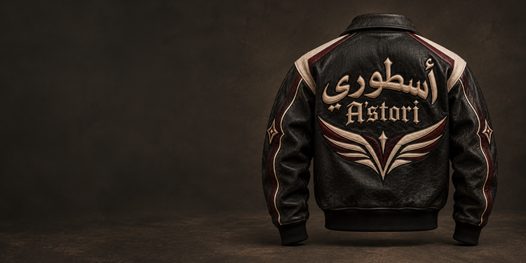 Black A’stori leather jacket with cream Arabic embroidery, seen from the back